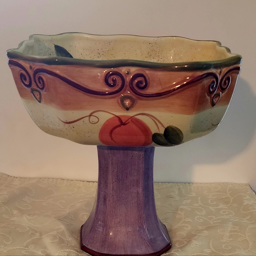 Artistic Ceramic Pedestal Bowl - Cream and Purple
